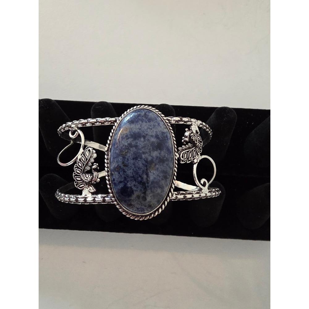 925 Sterling Silver Sodalite Peacock Cuff Bracelet Boho Statement Blue Stone